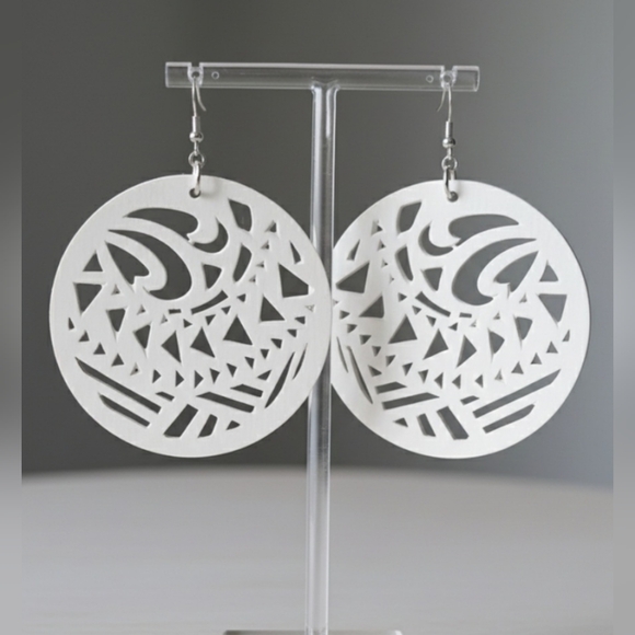White African Wood Dangle Earrings, Bohemian Wood Geometric Dangle Earrings - Picture 2 of 7